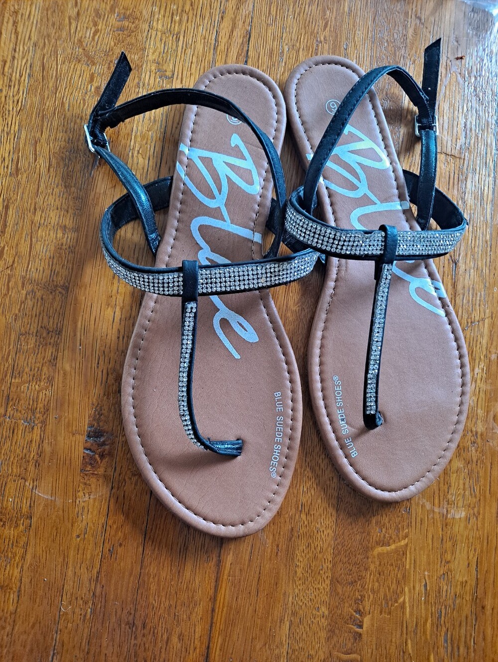 Blue Suede Shoes Embellished Black T-Strap Sandals with Brown Footbed